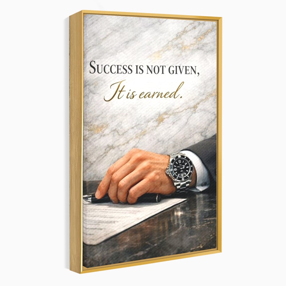 Tablou canvas cu tablou canvas cu citat motivational si mana cu ceas, in rama de aluminiu auriu